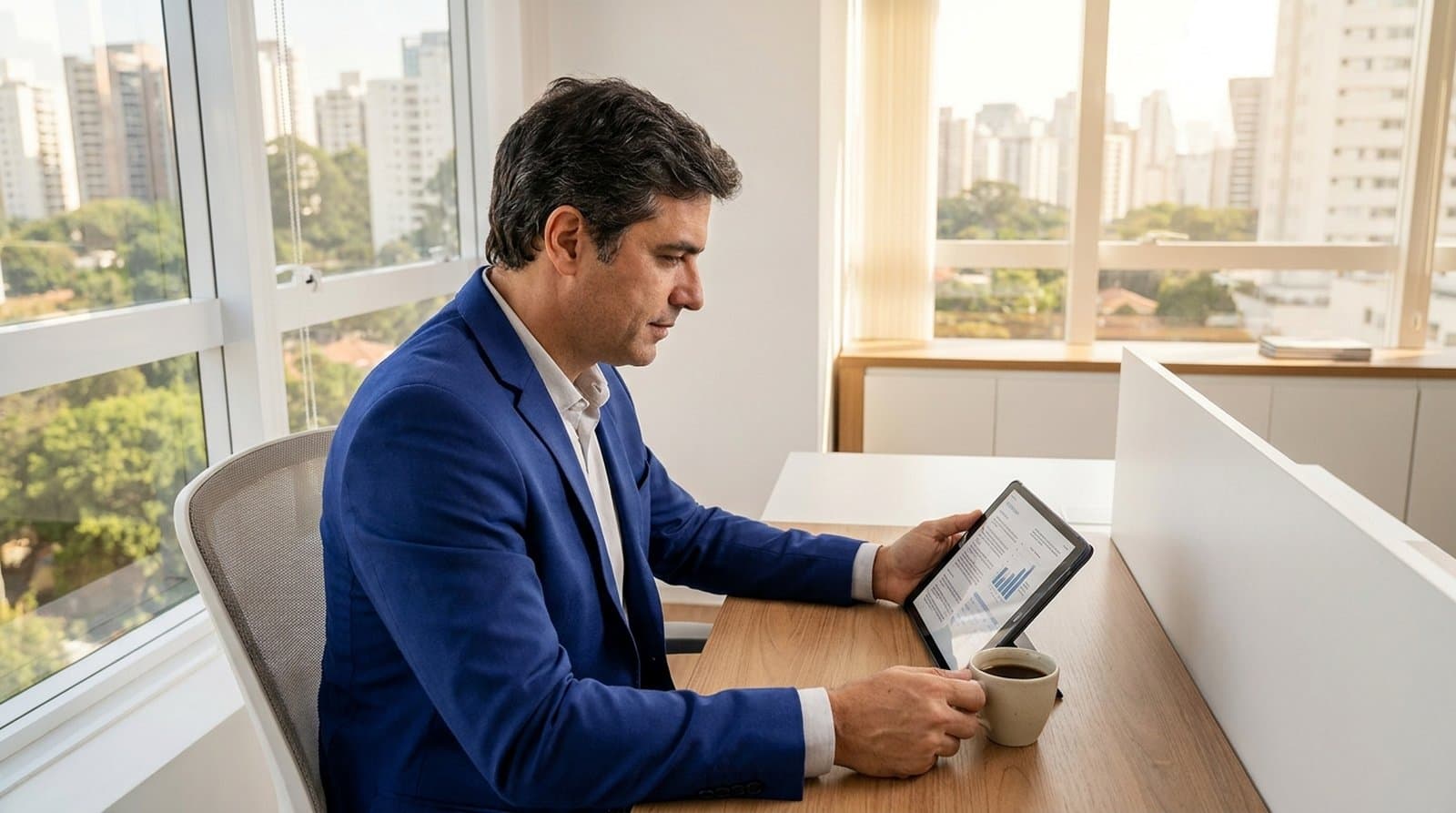 Especialista da MECCAH produzindo o conteúdo do blog no escritório da Mooca, São Paulo