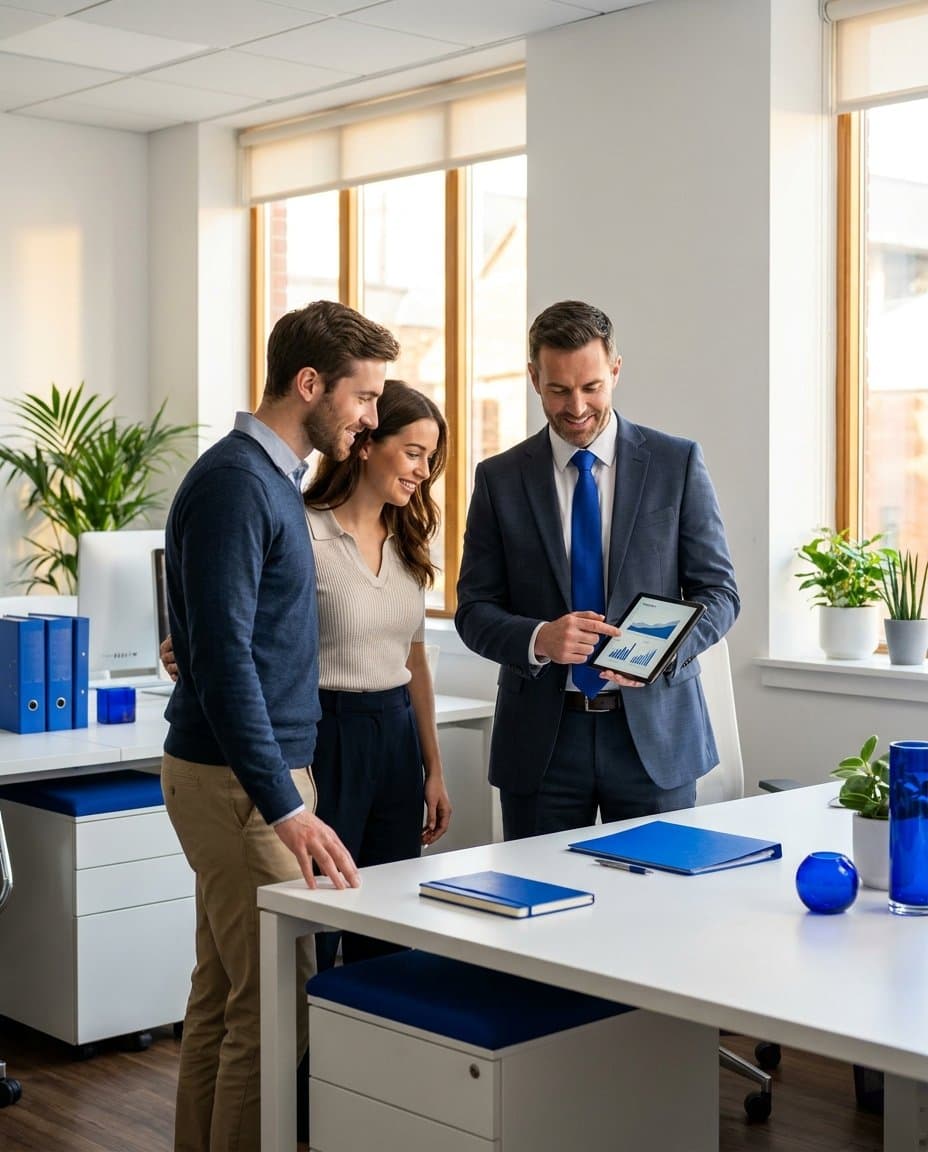 Contador da MECCAH apresentando o planejamento tributário para um casal de novos empreendedores