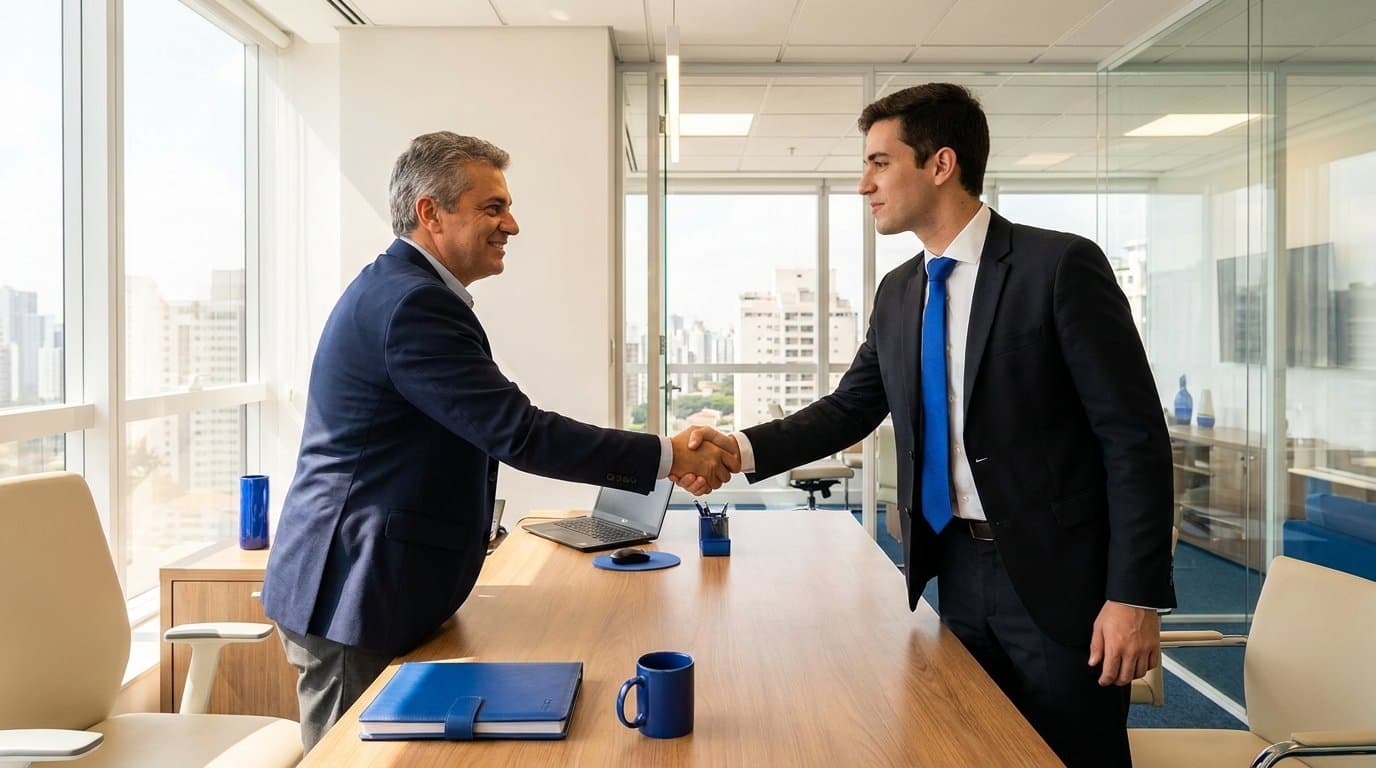 Empresário firmando parceria e apertando a mão de um novo contador da MECCAH em São Paulo